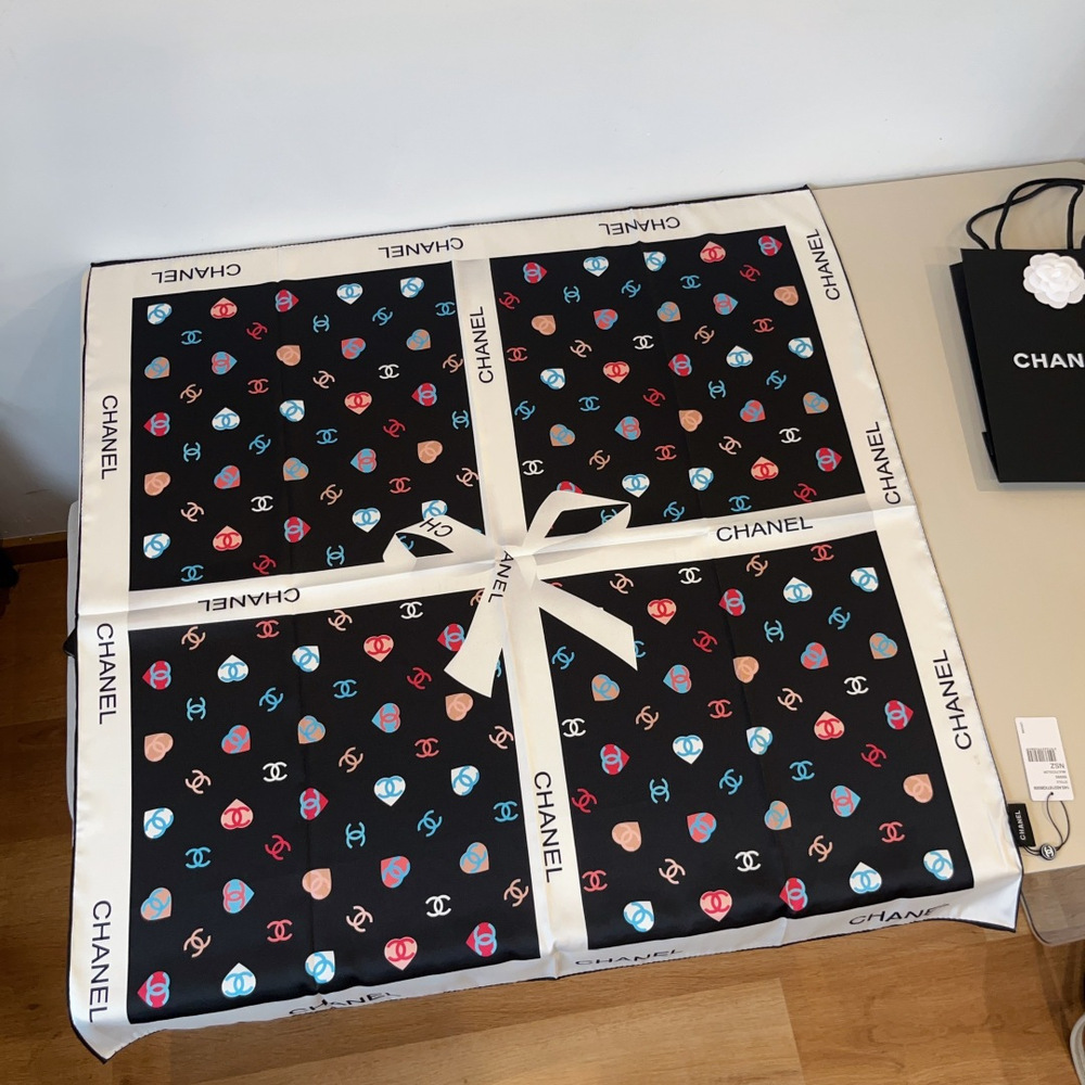Chanel Black Heart Logo Silk Scarf 90cm